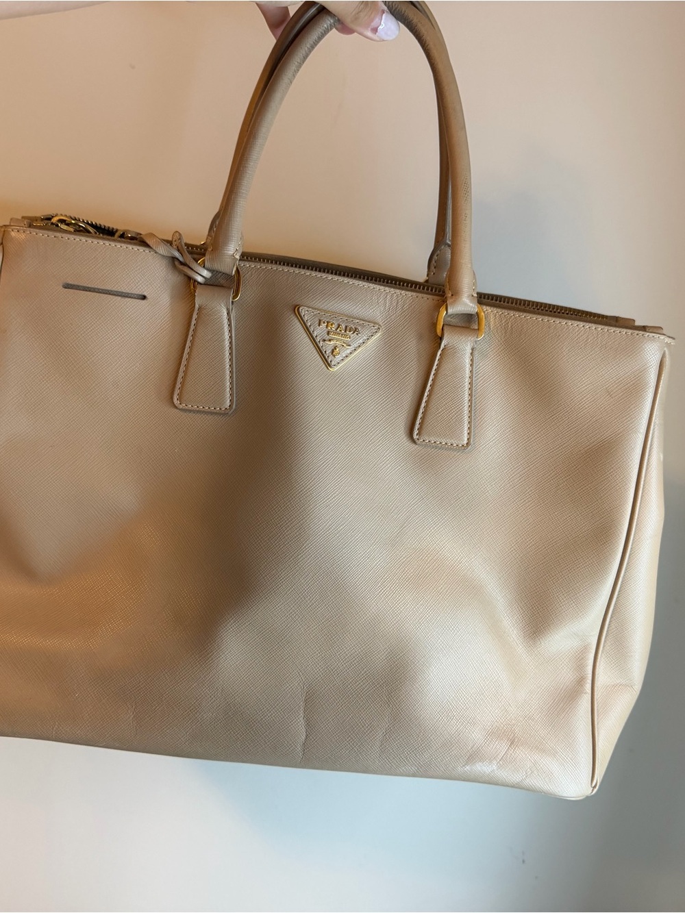 Prada Gold-Tone Beige Saffiano Leather Tote